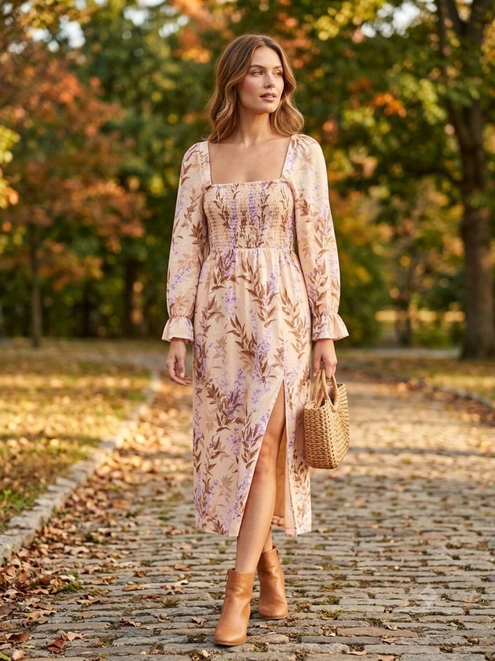 House of Harlow 1960 Linen Blend Blush Floral Square-Neck Midi Dress
